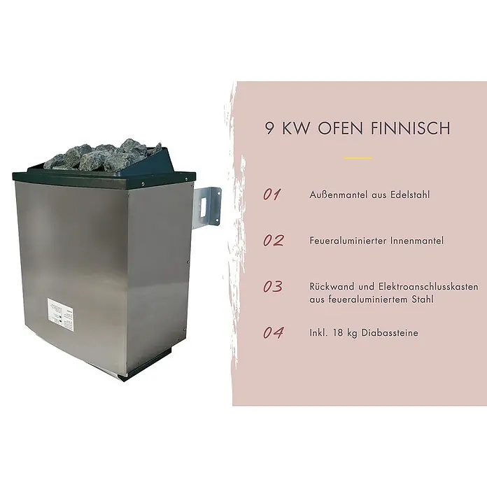 Karibu Elementsauna Katima - 9 kW Saunaofen mit externer Steuerung, L x B x H: 196 x 231 x 198 cm - Abbildung eines 9 kW Saunaofens Finnisch mit Edelstahlaussenmantel, feueraluminiertem Innenmantel und 18 kg Diabassteinen.