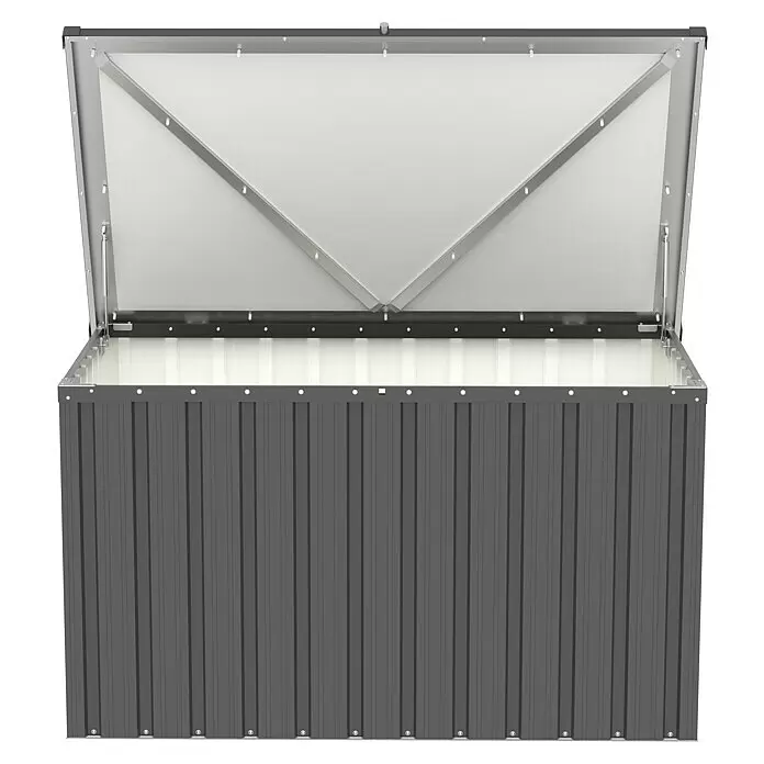 Tepro Garten-Aufbewahrungsbox Store M - B x T x H: 131,8 x 79,4 x 72,7 cm, Anthrazit, Stahl - Dunkelgraue, gerippte Metall-Aufbewahrungsbox mit offenem Deckel, der helles Inneres und Stützstangen zeigt.
