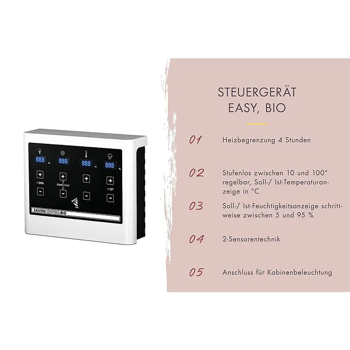 Karibu Elementsauna Katima - 9 kW Bio-Saunaofen mit externer Steuerung, L x B x H: 196 x 231 x 198 cm - Abbildung des Sauna Steuergerät Easy, Bio. Es ermöglicht Heizbegrenzung und Temperaturregelung. Anzeige von Feuchtigkeit und 2-Sensorentechnik.