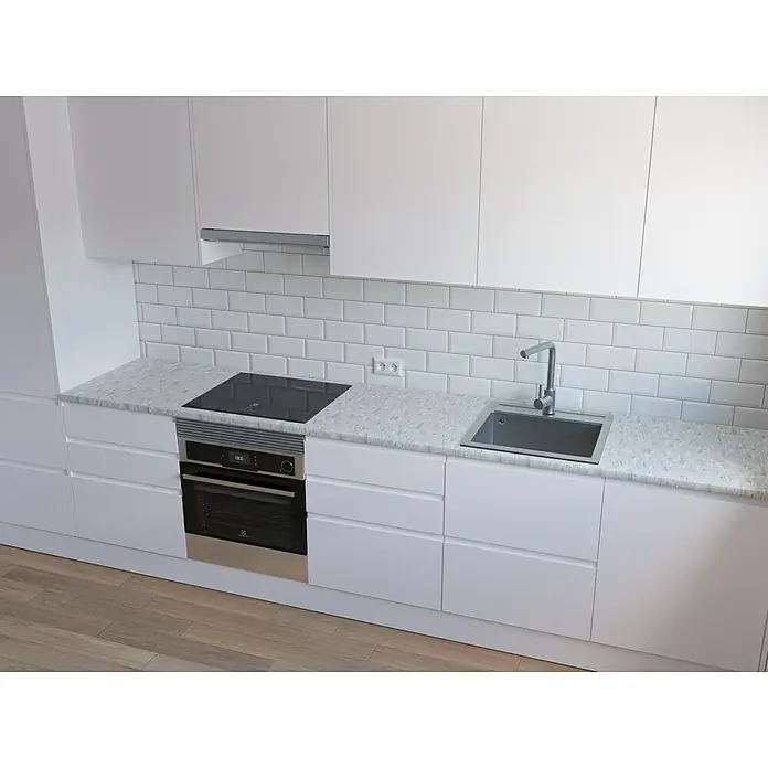 Encimera de cocina al corte Terrazo - Terrazo, Espesor: 30 mm, Ancho: 63 cm - Cocina luminosa con armarios blancos, fregadero de acero inoxidable, vitrocerámica integrada y horno, ideal para espacios modernos.