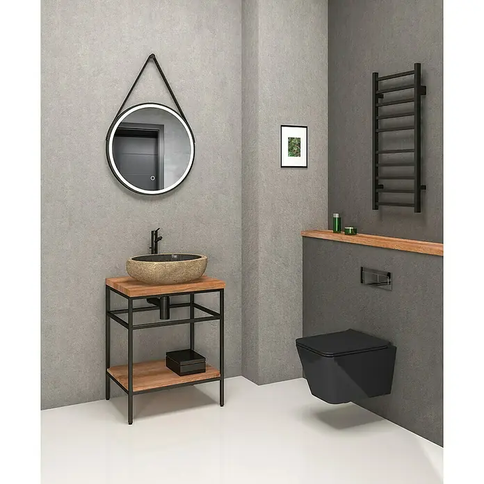 Astor Tree Waschtischunterschrank - B x T x H: 60 x 38 x 76,4 cm, Schwarz/Eiche, Matt - Ein Badezimmer mit einem Waschtisch mit Natursteinwaschbecken, einem runden Spiegel und einer hängenden Toilette in Schwarz.