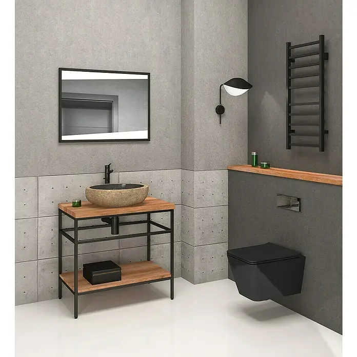 Astor Tree Waschtischunterschrank - B x T x H: 80 x 48 x 76,4 cm, Schwarz/Eiche, Matt - Ein modernes Badezimmer mit einem stilvollen Waschtisch mit Natursteinwaschbecken und einem schlichten, schwarzen Hänge-WC.