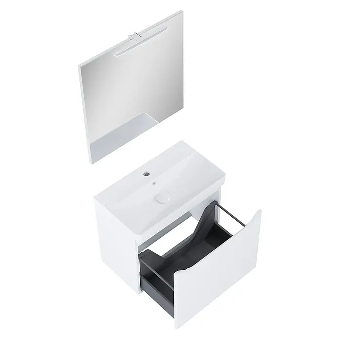 Riva Badmöbel-Set Sierra 2.0 - Gesamtbreite Badmöbel: 60 cm, Weiß, Matt - Bild eines weißen Waschtischunterschranks mit offenem Schubfach und passendem Spiegelschrank mit Beleuchtung.