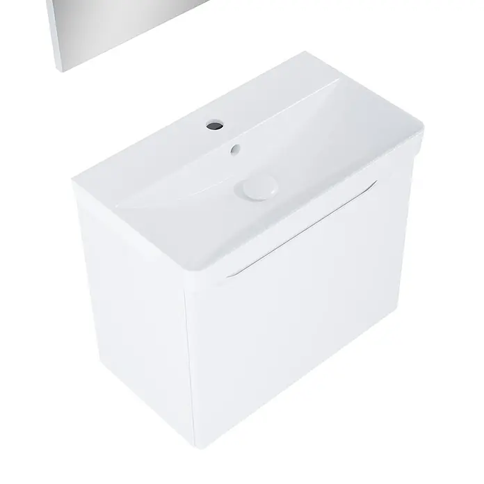 Riva Badmöbel-Set Sierra 2.0 - Gesamtbreite Badmöbel: 60 cm, Weiß, Matt - Abbildung eines weißen Waschbeckens mit Unterschrank, modern und stilvoll für jedes Badezimmer.
