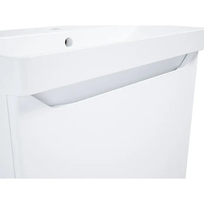 Riva Badmöbel-Set Sierra 2.0 - Gesamtbreite Badmöbel: 60 cm, Weiß, Matt - Nahaufnahme eines modernen, weißen Waschbeckens mit integriertem Unterschrank, das minimalistisches Design und Funktionalität vereint.