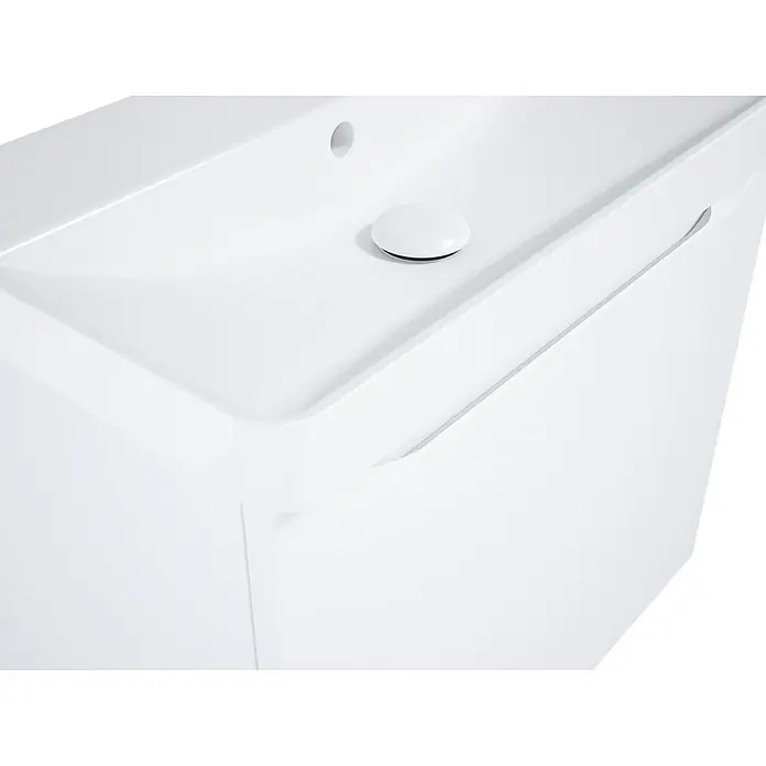 Riva Badmöbel-Set Sierra 2.0 - Gesamtbreite Badmöbel: 60 cm, Weiß, Matt - Detailaufnahme eines modernen, weißen Waschbeckens mit minimalistischem Design und integriertem Abflussstopfen.