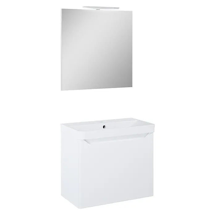 Riva Badmöbel-Set Sierra 2.0 - Gesamtbreite Badmöbel: 60 cm, Weiß, Matt - Weißer Badezimmerschrank mit Waschbecken und darüber montiertem Spiegel mit integrierter Beleuchtung für ein modernes Badambiente.