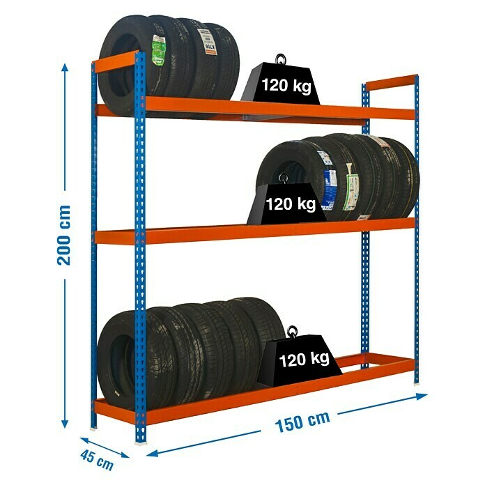 Simonrack Simonauto Estantería para almacenamiento de neumáticos Autoforte (L x An x Al: 45 x 150 x 200 cm, Capacidad de carga: 300 kg/balda, Número de baldas: 3 ud., Azul/Naranja)