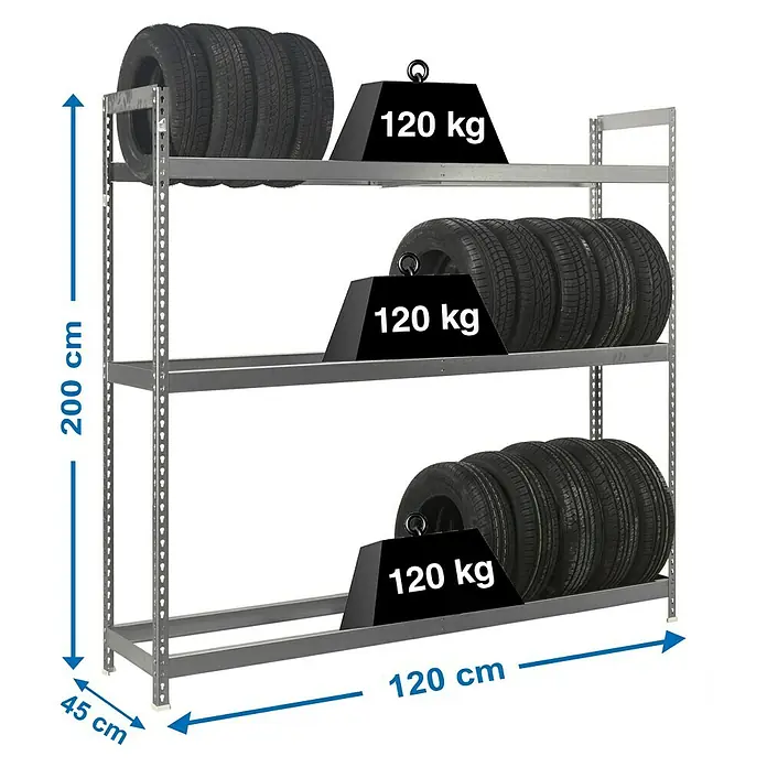 Simonrack Simonauto Reifenregal Autoforte - H x B x T: 200 x 120 x 45 cm, Anzahl Träger: 3 Stk., Stecken, Silber - Regal mit drei Ablagen, beladen mit Reifen und Gewichten. Das Regal ist 200 cm hoch, 120 cm breit und 45 cm tief.