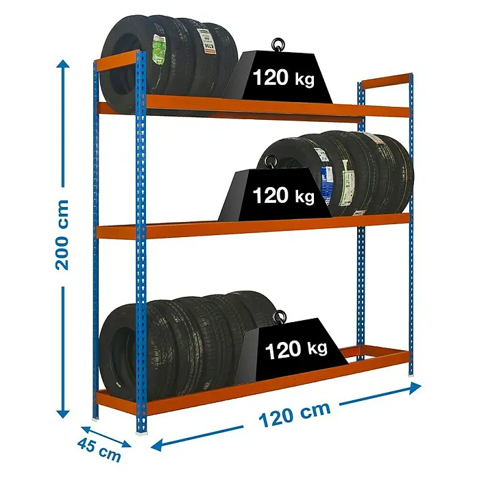 Simonrack Simonauto Reifenregal Autoforte - H x B x T: 200 x 120 x 45 cm, Anzahl Träger: 3 Stk., Stecken, Blau/Orange - Reifenregal mit drei Ebenen und Reifen darauf, sowie Gewichten zur Darstellung der Traglast.