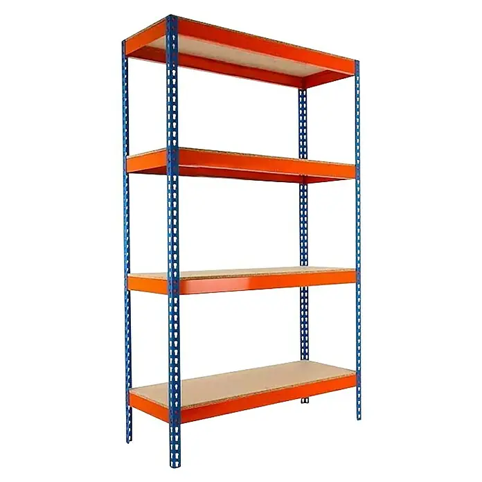 Simonrack Ecoforte Schwerlastregal Chipboard - H x B x T: 200 x 120 x 75 cm, Traglast pro Boden: 400 kg, Anzahl Böden: 4 Stk., Stecken, Blau/Orange - Bild eines robusten Regalsystems mit vier Ebenen, ideal für Lagerung und Organisation. Die Konstruktion besteht aus blauem Metall und orangefarbenen Regalböden.