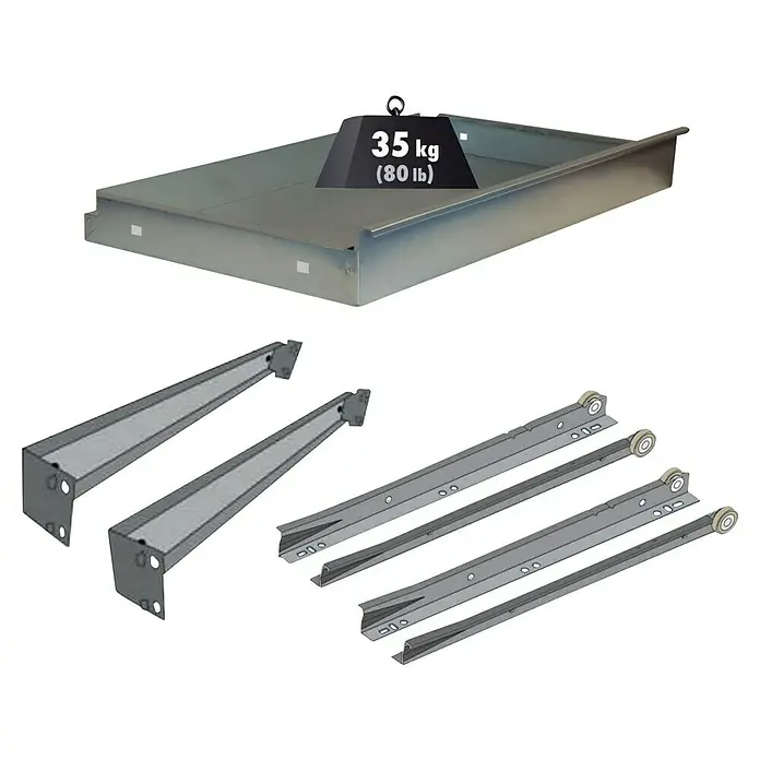 Simonrack Simonwork Cajón telescópico BT4 - L x An x Al: 59 x 77,5 x 11 cm, Específico para: Bancos de trabajo Simonrack - Imagen del producto que muestra un cajón resistente con guías de alta resistencia diseñadas para soportar un peso de 35 kg.