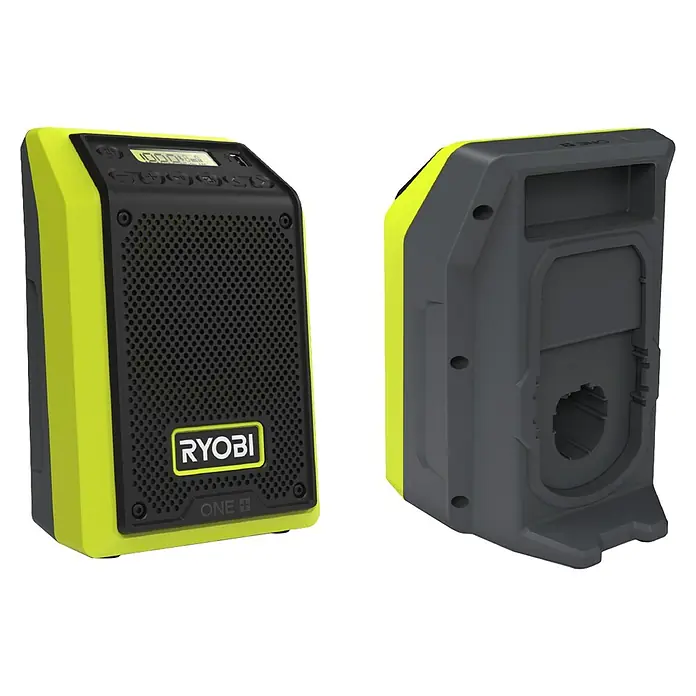 Ryobi ONE+ Akku-Radio RR18-0 Bluetooth® - Ohne Akku - Ansichten des Ryobi ONE+ Radios, einem tragbaren, gelb-schwarzen Gerät mit Bluetooth und Akkubetrieb, ideal für Baustellen.