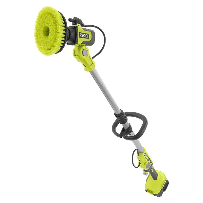 Ryobi ONE+ Akku-Reinigungsbürste RWTS18-0 - 18 V, Ohne Akku - Das Bild zeigt einen Akku-betriebenen Rotationsbürste von Ryobi mit grünem Bürstenkopf, Teleskopstiel und Zusatzhandgriff vor schwarzem Hintergrund.