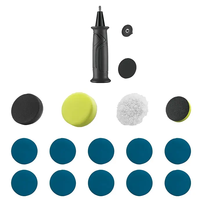 Ryobi ONE+ Akku-Polierschleifer RDP18-0 - 18 V, Ohne Akku, Durchmesser Polierteller: 76 mm - Abbildung eines Auto-Detailing-Poliermaschinensets mit Griff, Polierpads und weiterem Zubehör für die Autopflege und Oberflächenbehandlung.