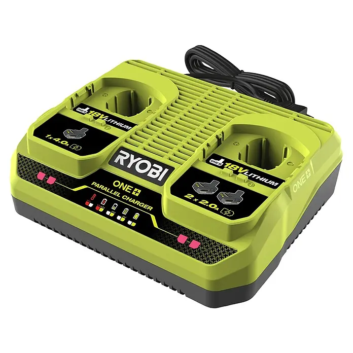Ryobi ONE+ Ladegerät RC18240 Dual Port - Passend für: Ryobi One+ 18V Akkus, 18 V - Ryobi ONE+ Parallel-Ladegerät für 18V Lithium-Akkus. Lädt zwei Akkus gleichzeitig, ideal für größere Projekte.