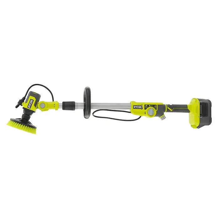 Ryobi ONE+ Akku-Reinigungsbürste RWTS18-0 - 18 V, Ohne Akku - Abgebildet ist ein Ryobi ONE+ Akku-Reinigungsbürste mit Teleskopverlängerung, ideal für die Reinigung von Oberflächen im Außenbereich.