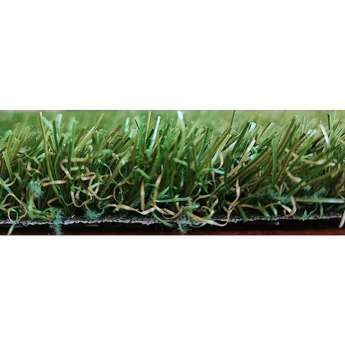 Césped artificial Leo - 5 x 2 m, Altura del pelo: 25 mm, 14.698 puntadas/m² - Primer plano de césped artificial con fibras verdes y amarillas, mostrando una textura de césped realista.\n