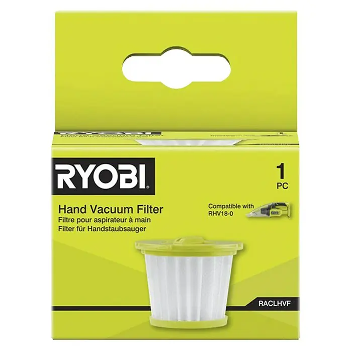 Ryobi Ersatzfilter RACLHVF - Passend für: Ryobi Akku-Handstaubsauger RHV18-0 - Bild einer Ryobi Handstaubsaugerfilter-Packung, die einen Filter für eine verbesserte Reinigungsleistung enthält.