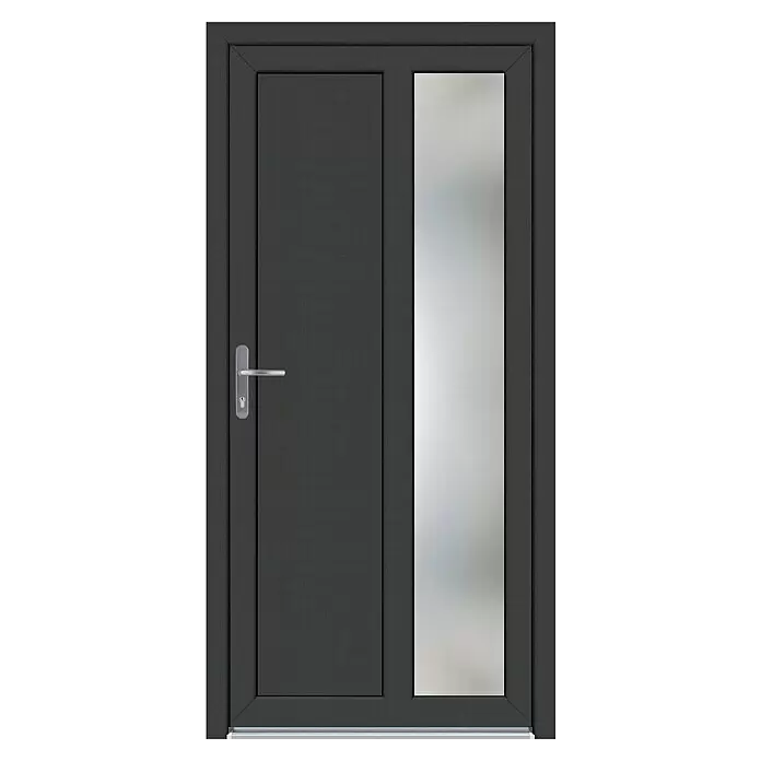 Panto Nebeneingangstür K 511 - 98 x 198 cm, DIN Anschlag: Links, Anthrazit/Weiß - Anthrazitfarbene moderne Tür mit hoher Milchglasscheibe und silbernem Griff.