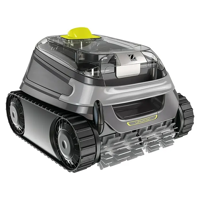 Zodiac Poolroboter CNX-Li 5220 iQ - Akkubetrieben, Passend für: Gartenpools bis 10 x 5 m, Filterleistung: 15 m³/h - Das Bild zeigt einen grauen Zodiac Poolreinigungsroboter mit Raupenantrieb und gelbem Detail auf der Oberseite.