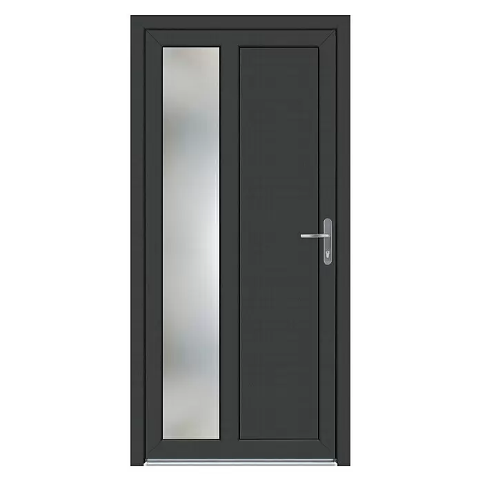 Panto Nebeneingangstür K 511 - 88 x 198 cm, DIN Anschlag: Rechts, Anthrazit/Weiß - Dunkelgraue Tür mit Milchglas-Einsatz und silbernem Metallgriff.