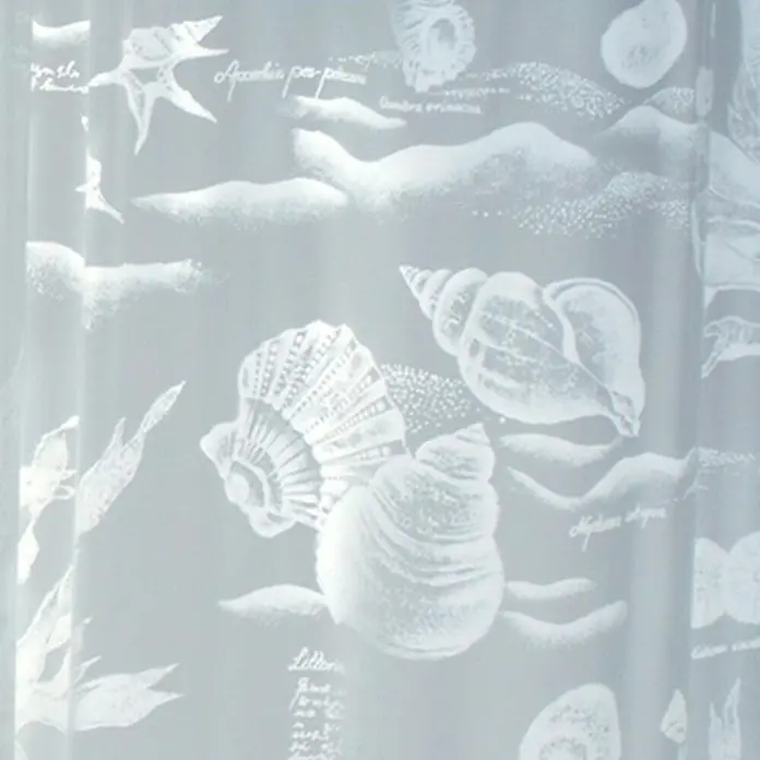 Spirella Cortina de baño Riff - An x Al: 180 x 180 cm, Plástico, Gris - Primer plano de una cortina con un diseño de conchas marinas blancas. Un accesorio elegante que añade un toque náutico a cualquier habitación.