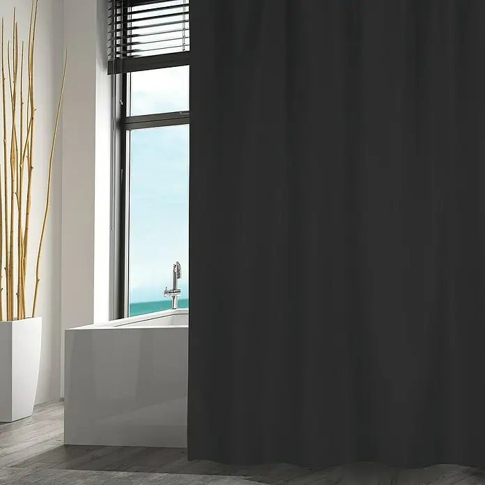 Venus Cortina de baño Noir - An x Al: 180 x 180 cm, Plástico, Negro - Un baño con una cortina de ducha gris y una bañera.