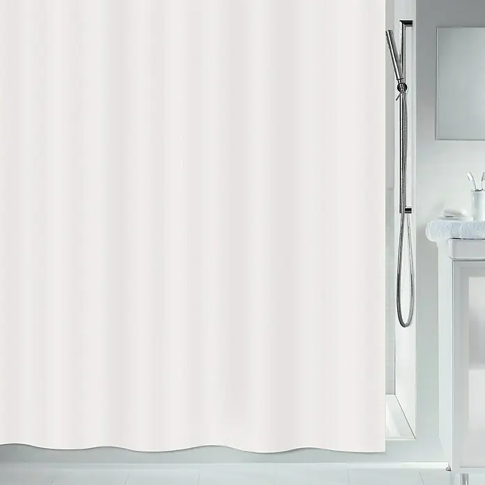 MSV Cortina de baño - An x Al: 180 x 180 cm, Plástico, Blanco - Una cortina de ducha blanca lisa colgada en un baño con accesorios blancos y un cabezal de ducha plateado.