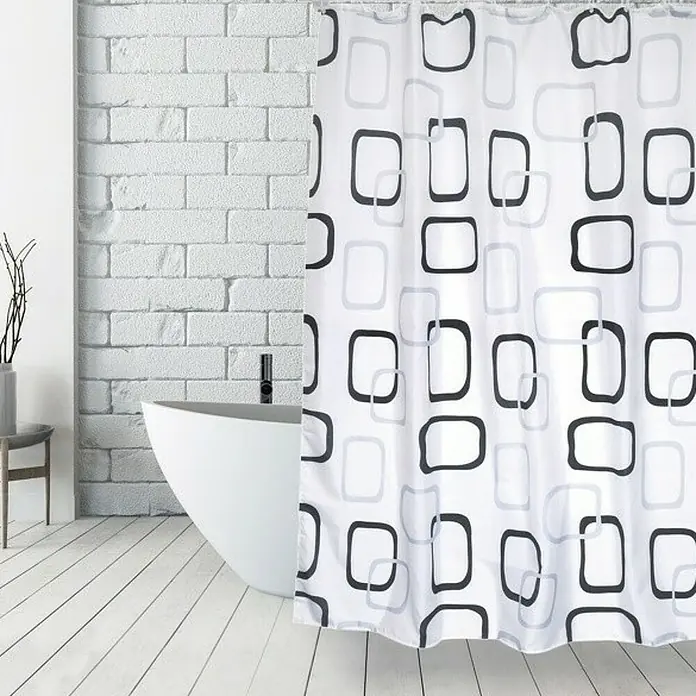 Venus Cortina de baño Vintage - An x Al: 180 x 180 cm, Plástico, Blanco/Gris/Negro - Una cortina de ducha blanca con un moderno estampado geométrico de rectángulos negros y grises adorna un baño elegante.
