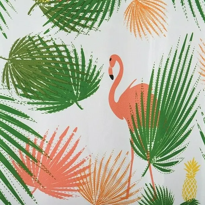 Venus Cortina de baño Amazonia - An x Al: 180 x 180 cm, Plástico, Blanco/Verde/Rosa - Un estampado de tela con hojas tropicales, un flamenco y una piña. Ideal para proyectos de verano.