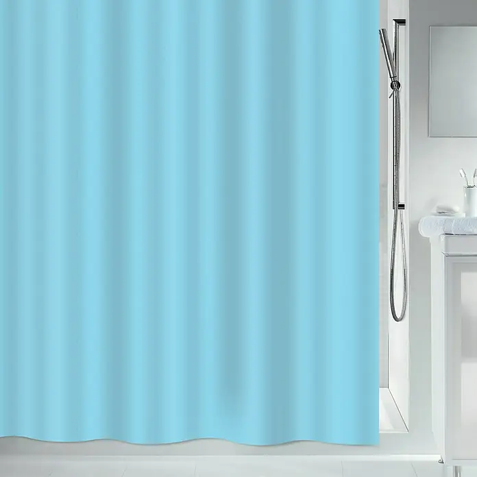 MSV Cortina de baño - An x Al: 180 x 180 cm, Plástico, Azul - Una cortina de ducha azul claro cuelga en un baño moderno, ofreciendo privacidad y protección contra salpicaduras.