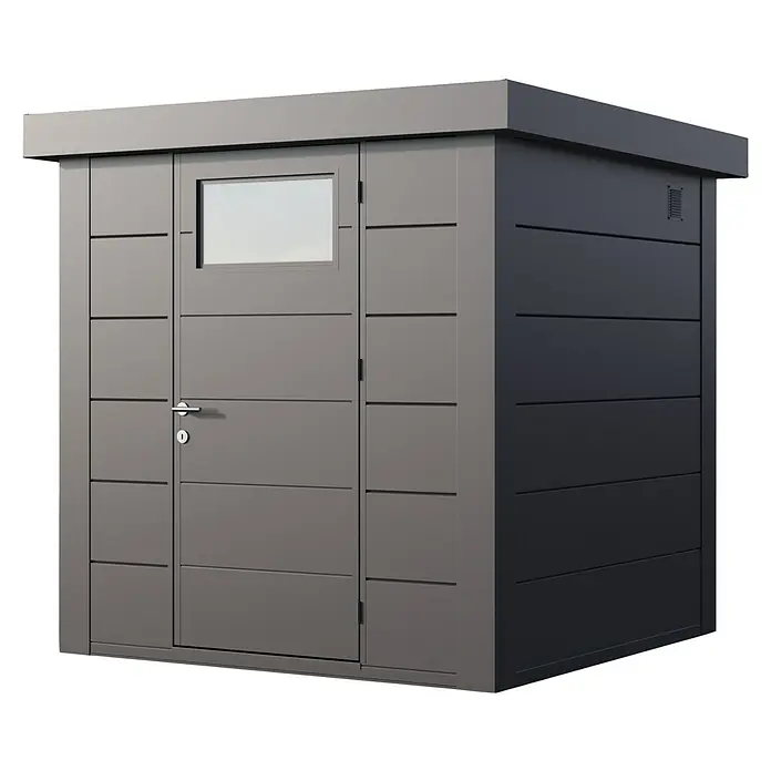 Telluria Metallgerätehaus Classico 2121 inkl. Elektro-Set - Außenmaß inkl. Dachüberstand (B x T): 228 x 228 cm, Anthrazit, Stahl, Inkl. Innenwandverkleidung & Elektro-Set - Ein modernes, graues Gartenhaus mit Fenster in der Tür bietet stilvollen Stauraum für Gartengeräte und mehr.
