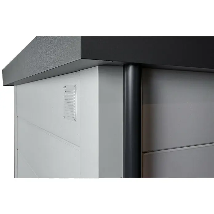 Telluria Metallgerätehaus Classico 2121 - Außenmaß inkl. Dachüberstand (B x T): 228 x 228 cm, Anthrazit, Stahl, Ohne Set - Nahaufnahme einer modernen, weißen Outdoor-Box mit grauen Akzenten und einem Entlüftungsgitter.