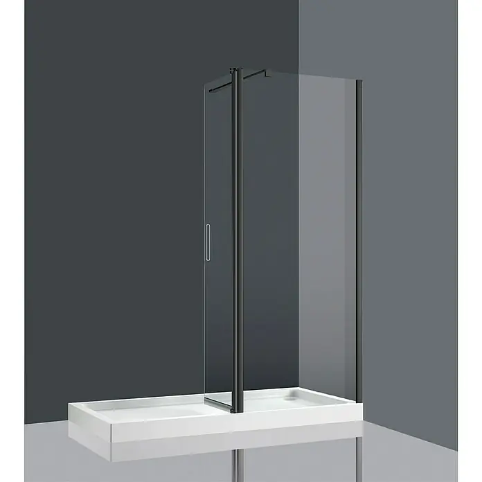 Mampara de ducha fija Walk-In Hapi - An x Al: 110 x 195 cm, Negro - Imagen de una mampara de ducha moderna con vidrio transparente y marco negro, sobre un plato de ducha blanco. Diseño de baño minimalista.