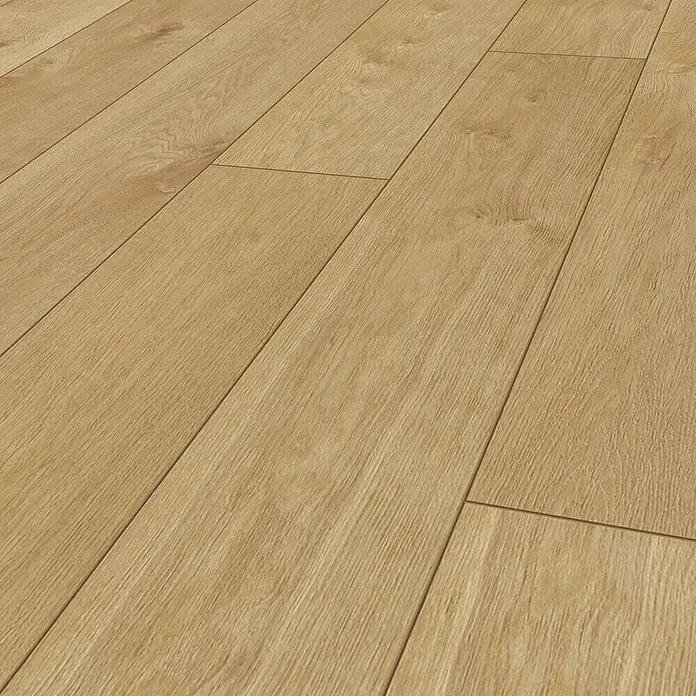 Krono Original Vinylboden Rocko 5+1 - Rope, Landhausdiele, 1.210 x 192 x 6 mm - Nahaufnahme von hellem Laminatboden. Das Laminat weist eine Holzstruktur auf und ist in Dielen verlegt.