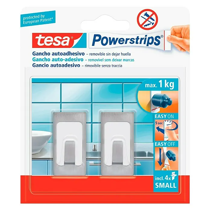 Tesa Powerstrips Gancho autoadhesivo Pequeño Rect - 2 ud., Plateado - Imagen de un paquete de ganchos Tesa Powerstrips, autoadhesivos y removibles, capacidad máx. 1 kg, fáciles de aplicar y quitar.