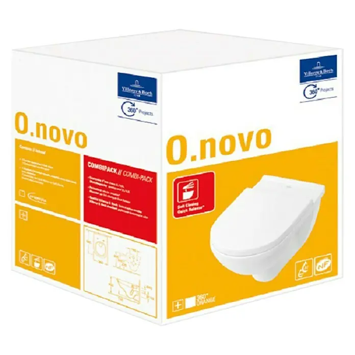 Villeroy & Boch O.novo Wand-WC-Set - Mit Spülrand, Ohne Spezialglasur, Spülform: Tief, WC Abgang: Waagerecht, Weiß - Bild einer O.novo CombiPack-Toilette von Villeroy & Boch, verpackt in einem weißen Karton mit orangefarbenen Akzenten.
