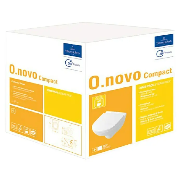 Villeroy & Boch O.novo Wand-WC-Set Compact - Mit Spülrand, Mit schmutzabweisender Glasur, Spülform: Tief, WC Abgang: Waagerecht, Weiß - Verpackung der Villeroy & Boch O.novo Compact Toilette. Das O.novo Compact WC-Set ist eine praktische und platzsparende Lösung für jedes Badezimmer.