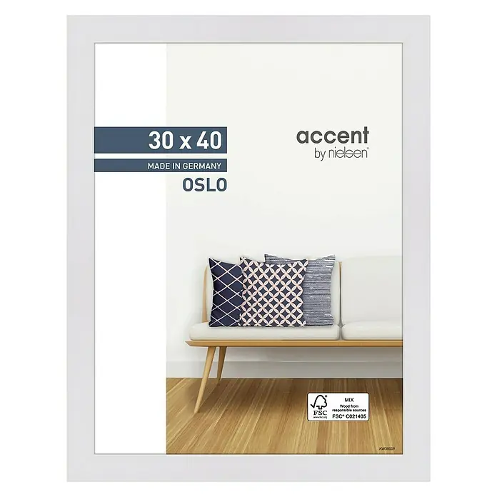 Accent Holzrahmen Oslo - 30 x 40 cm, Weiß - Ein weißer Bilderrahmen der Marke Accent by Nielsen, Modell Oslo, für Bilder der Größe 30 x 40 cm, hergestellt in Deutschland.