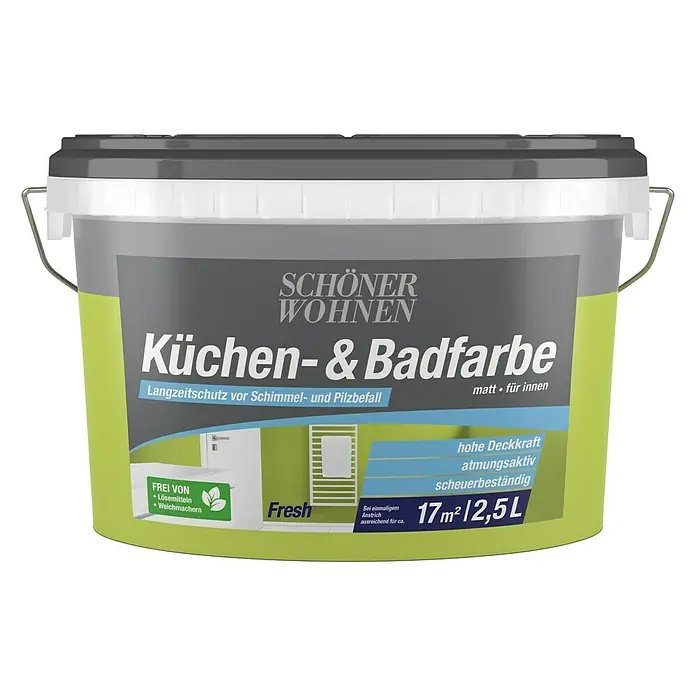SCHÖNER WOHNEN-Farbe Bad- & Küchenfarbe - Fresh, 2,5 l, Matt - Eimer Küchen- & Badfarbe von SCHÖNER WOHNEN, matt, für Innenräume, mit Langzeitschutz vor Schimmel und Pilzbefall, Inhalt 2,5L für ca. 17m².