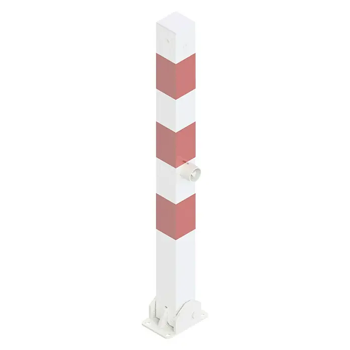 Schake Sperrpfosten - L x B x H: 70 x 70 x 900 mm, Stahl, Aufdübeln, Weiß, Rot, Dreikantverriegelung - Weiß-roter, vertikal gestreifter Sicherheitsposten mit Befestigungsfuß und seitlicher Öffnung für Kabel.