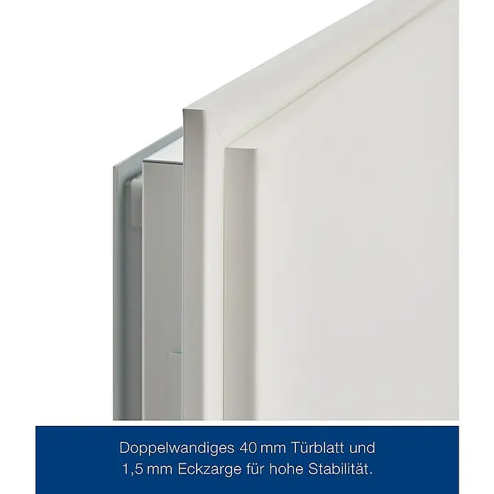 Hörmann ZK-Element - 87,5 x 187,5 cm, DIN Anschlag: Rechts, Verkehrsweiß - Detailansicht einer doppelwandigen 40 mm Tür mit einer 1,5 mm Eckzarge für hohe Stabilität.