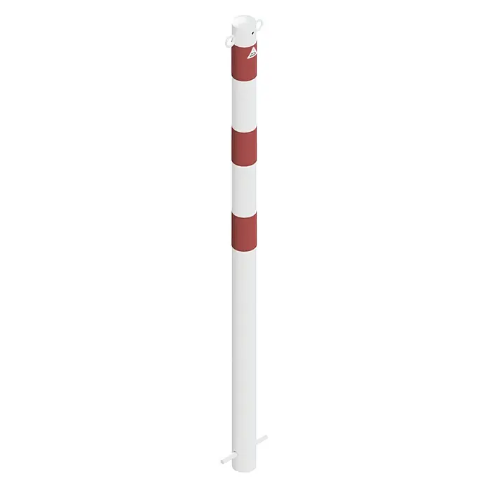 Schake Sperrpfosten - Ø x H: 60 x 1.300 mm, Stahl, Einbetonieren, Weiß/Rot, 2 Ösen - Weiß-roter Sicherheitspoller mit abgerundeten Kanten und zwei Ösen zur Befestigung von Absperrmaterialien für den Außenbereich.
