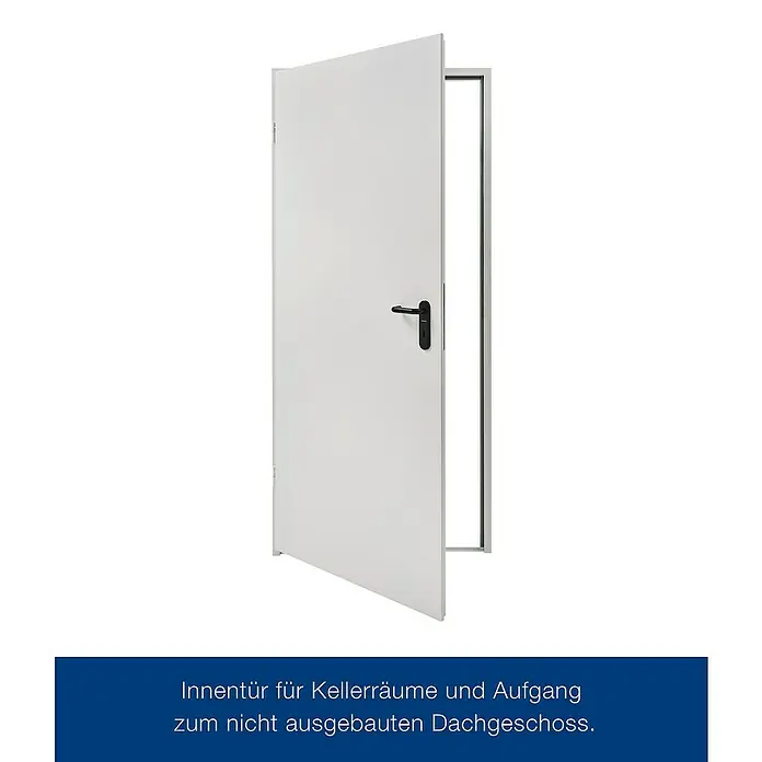 Hörmann ZK-Element - 87,5 x 187,5 cm, DIN Anschlag: Links, Verkehrsweiß - Innentür, weiß, mit schwarzem Türgriff, offen stehend. Ideal für Kellerräume und Dachgeschoss, schlicht und funktional.