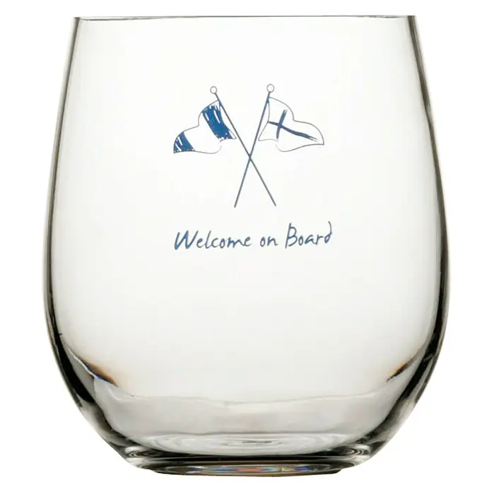 Marine Business Welcome on Board Vaso para beber agua - 6 ud., Plástico, Transparente - Una elegante copa de vino con banderas marítimas impresas y la inscripción "Welcome on Board". Perfecto para amantes del vino y de los barcos.