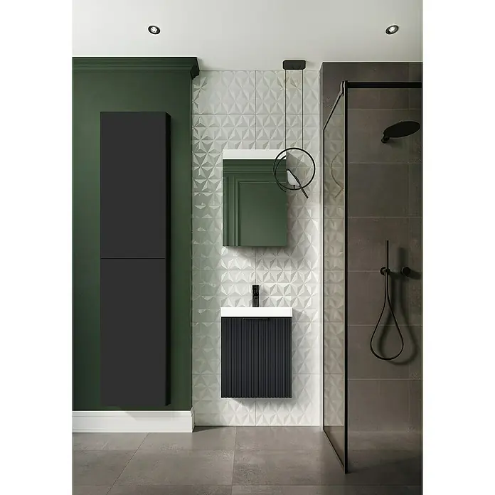 Riva Yasumi Badmöbel-Set - Gesamtbreite Badmöbel: 46 cm, Schwarz, Matt, 2 -tlg. - Elegantes Badezimmer-Interieur mit einem stilvollen Waschtischunterschrank, einem passenden Spiegelschrank und einer modernen Duschkabine.