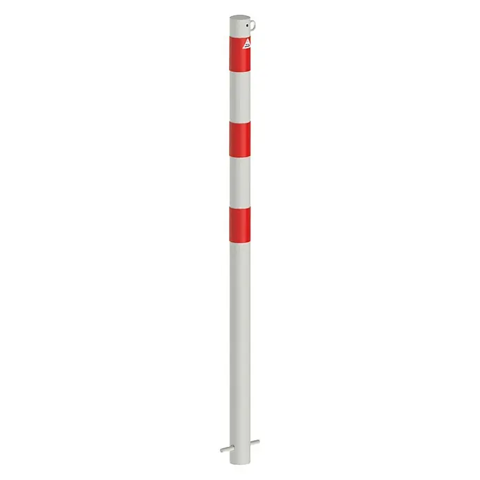 Schake Sperrpfosten - Ø x H: 60 x 1.300 mm, Stahl, Einbetonieren, Weiß/Rot, Öse - Ein weißer Verkehrspoller mit roten Streifen, der als Absperrung dient und die Sicherheit im Straßenverkehr erhöht.