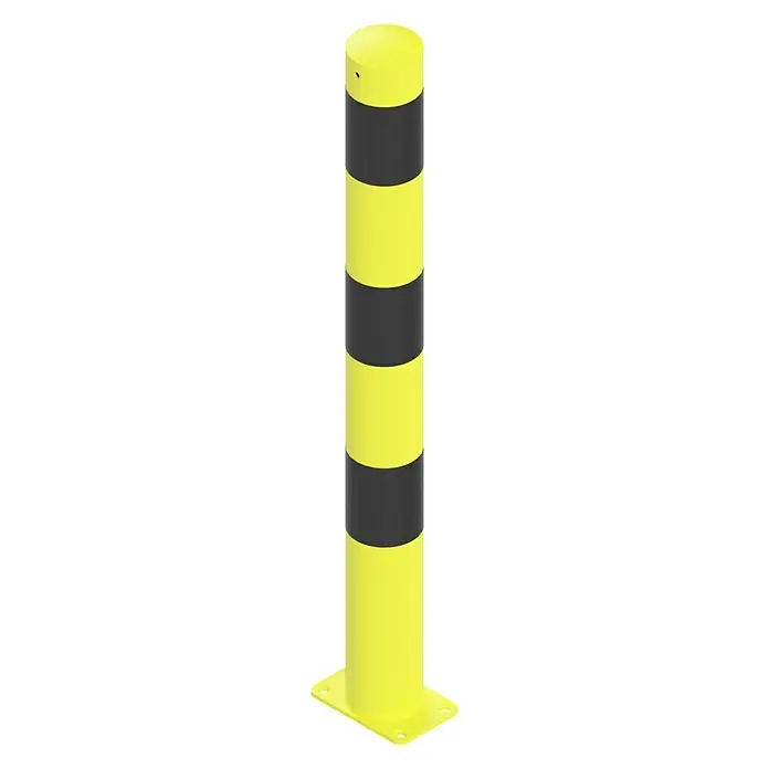 Schake Sperrpfosten - Ø x H: 89 x 900 mm, Stahl, Aufdübeln, Gelb/Schwarz - Gelber Rammschutzpoller mit schwarzen Streifen und quadratischer Bodenplatte für erhöhte Sicherheit.