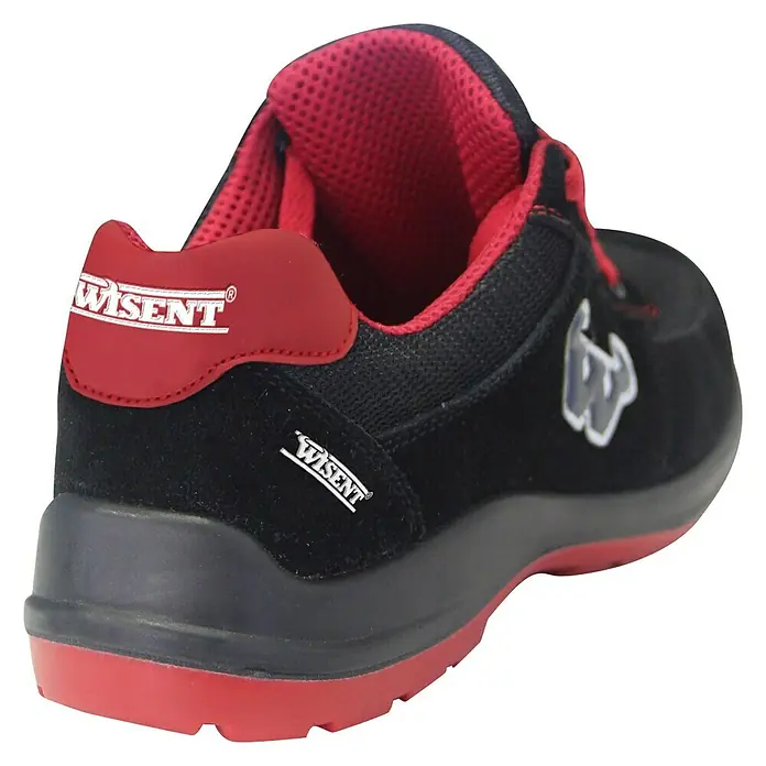 Wisent Zapato bajo de seguridad - 36, Clase de protección según EN ISO 20345: S1P, Negro/Rojo - Primer plano de un zapato de seguridad negro WISENT con detalles rojos y forro de malla transpirable. Ideal para protección y comodidad.